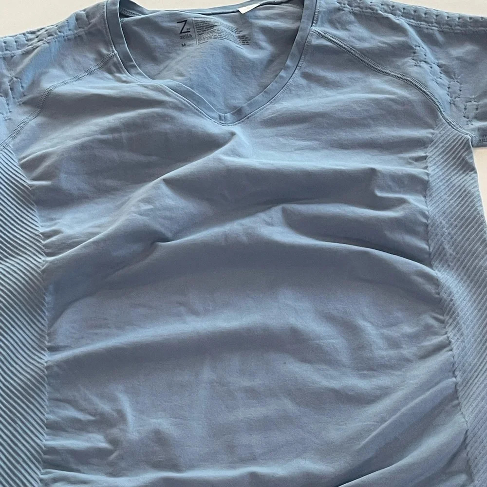 Z by Zella Blue Stretch Shirt V-Neck Athletic Ruched Short Sleeve size M - Picture 5 of 12